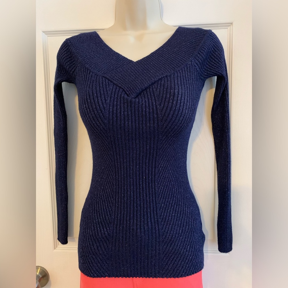 Long Sleeve, off shoulder shimmer top. Sort out f blue but sort of purple.Size M
